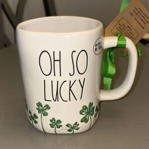 Rae Dunn White Mug with Green Clovers 'Oh So Lucky'